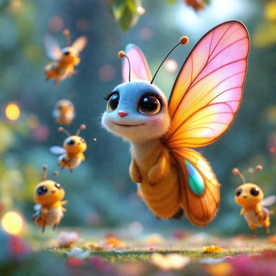The primary subject of the image is a colorful butterfly with a smiling face, surrounded by a group of smaller butterflies. The setting is a lush green field with flowers, creating a vibrant and cheerful atmosphere. The visual style is a digital art or illustration, with the butterfly and its companions depicted in a whimsical and playful manner. The colors and mood of the image are predominantly bright and cheerful, with the butterfly and its friends adding a